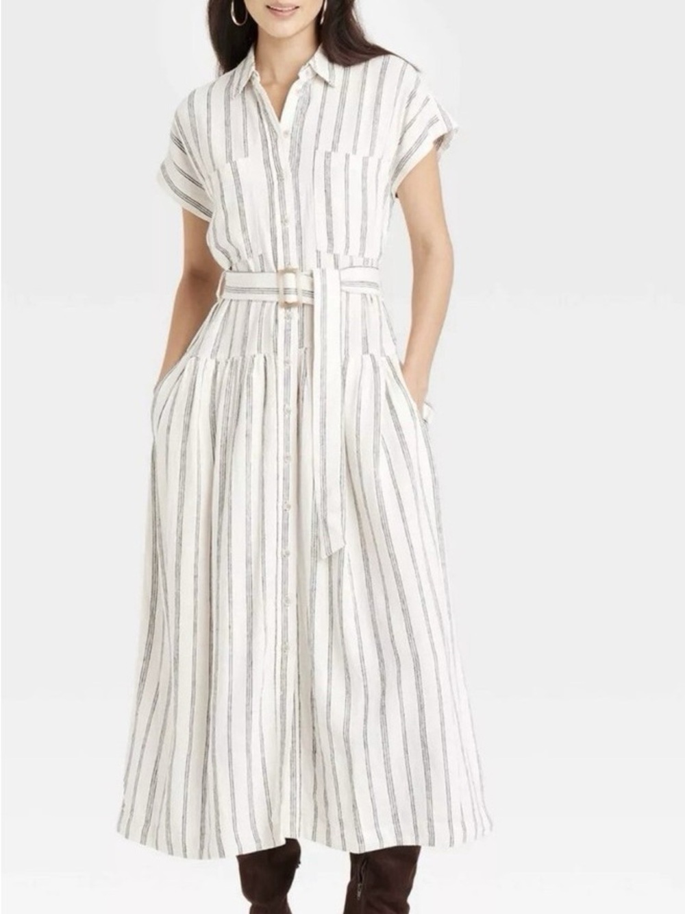 Universal Thread White and Gray Striped Button-Front Maxi Dress with Waist Tie
